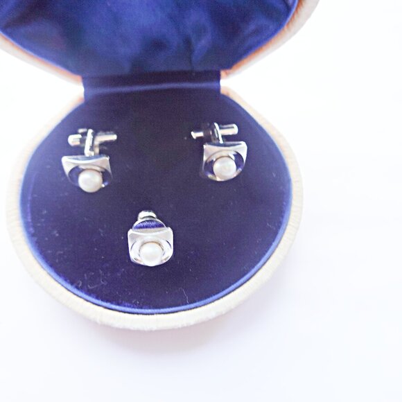 Authentic Japanese Sterling Cufflinks and Tie Pin with Pearls